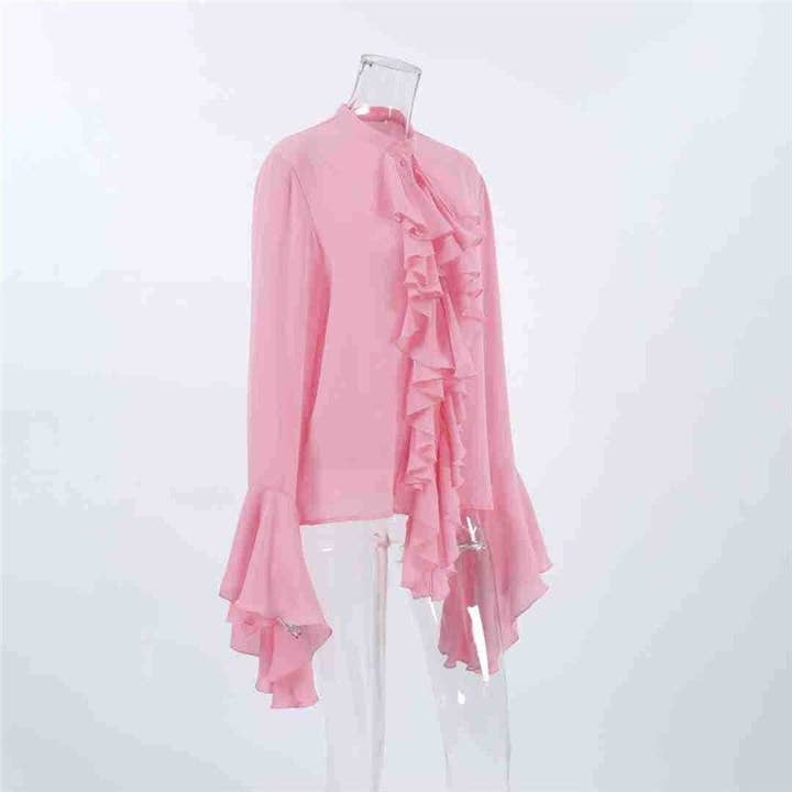 Sheer Trend - Wholesale Blouse - Women's - Round Neck Bell Sleeve Ruffle Trim Women's Blouse2