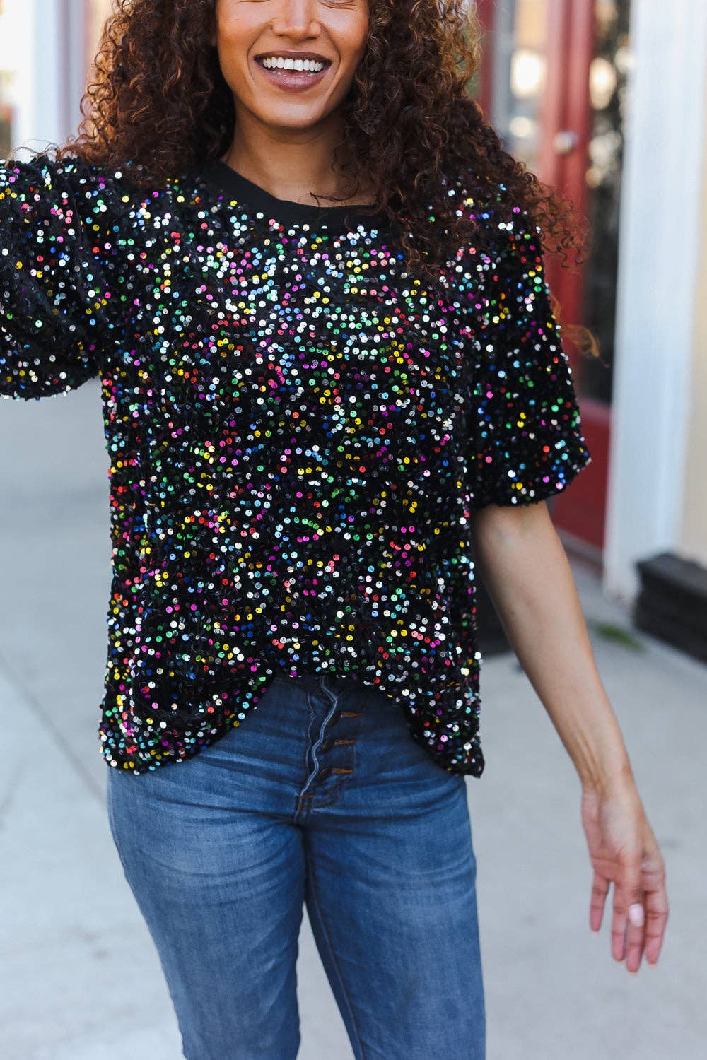 Promenade - Wholesale Blouse - Women's - Holiday Ready Black Velvet Multicolor Sequin Puff Sleeve Holiday Top (Open Pack)10