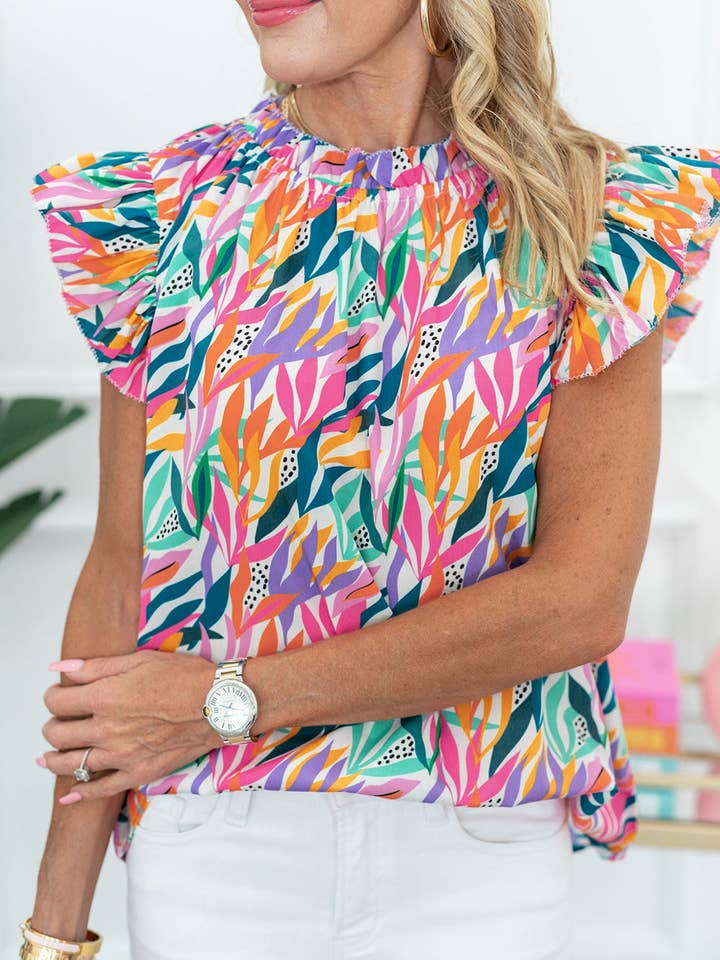 Rose Red Floral Print Ruffled Flutter Sleeve Blouse for wholesale by Azzurro