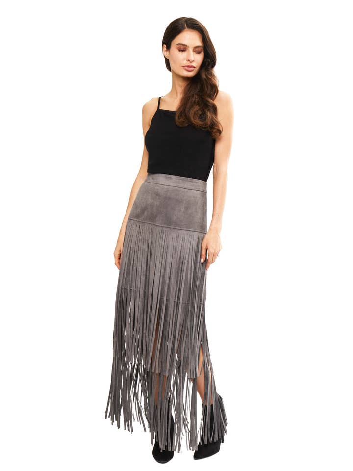 Adore - Wholesale Skirt - Women's - F396-G - Grey Faux Suede Fringe Skirt