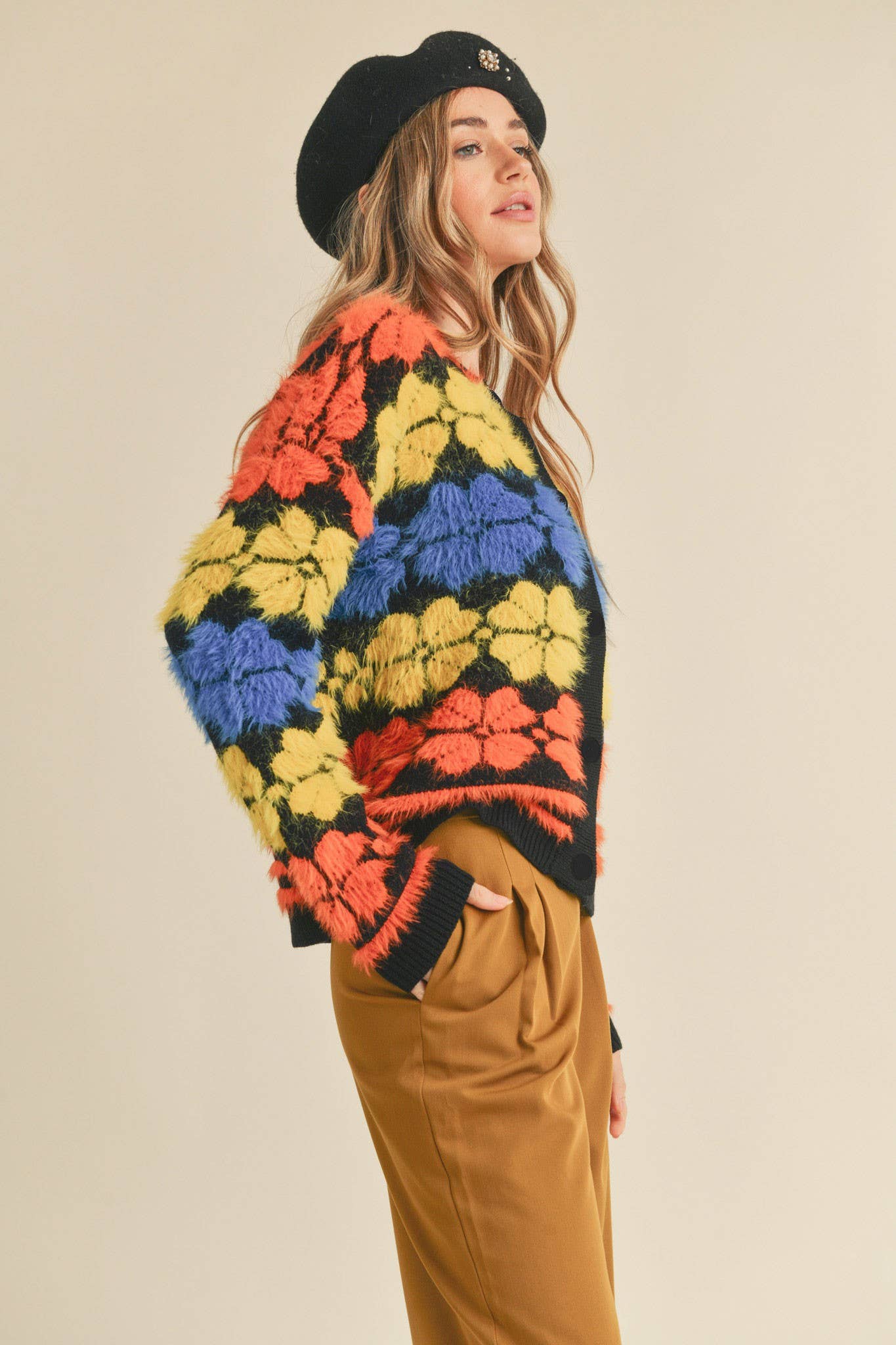 BLACK MULTI SHAGGY KNIT FLORAL SWEATER CARDIGAN MSW10343 for wholesale on Faire1