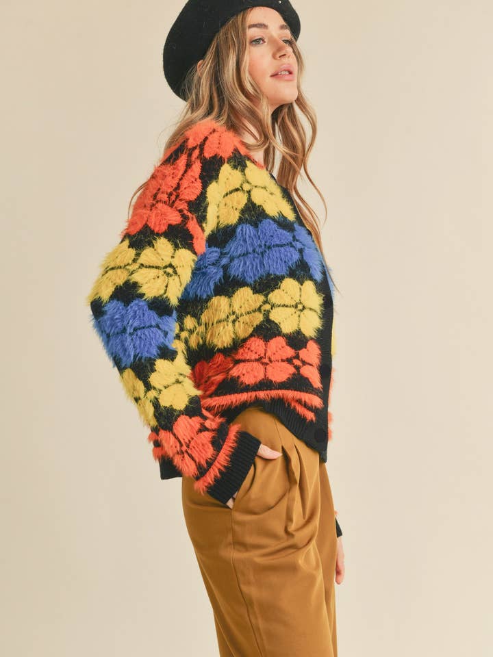 BLACK MULTI SHAGGY KNIT FLORAL SWEATER CARDIGAN MSW10343 for wholesale on Faire1