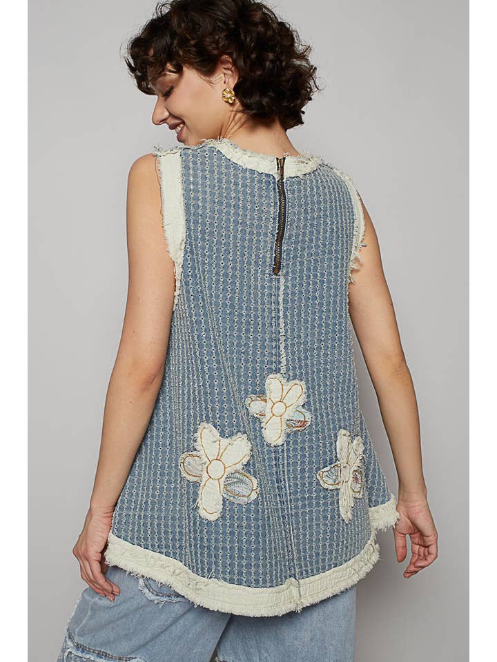 Pol Clothing - Wholesale Blouse - Women's - Round neck sleeveless denim flower patch top