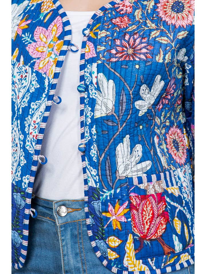 LA Soul - Wholesale Jacket - Women's - Floral Print Quilted Patch Cotton Jacket - Blue