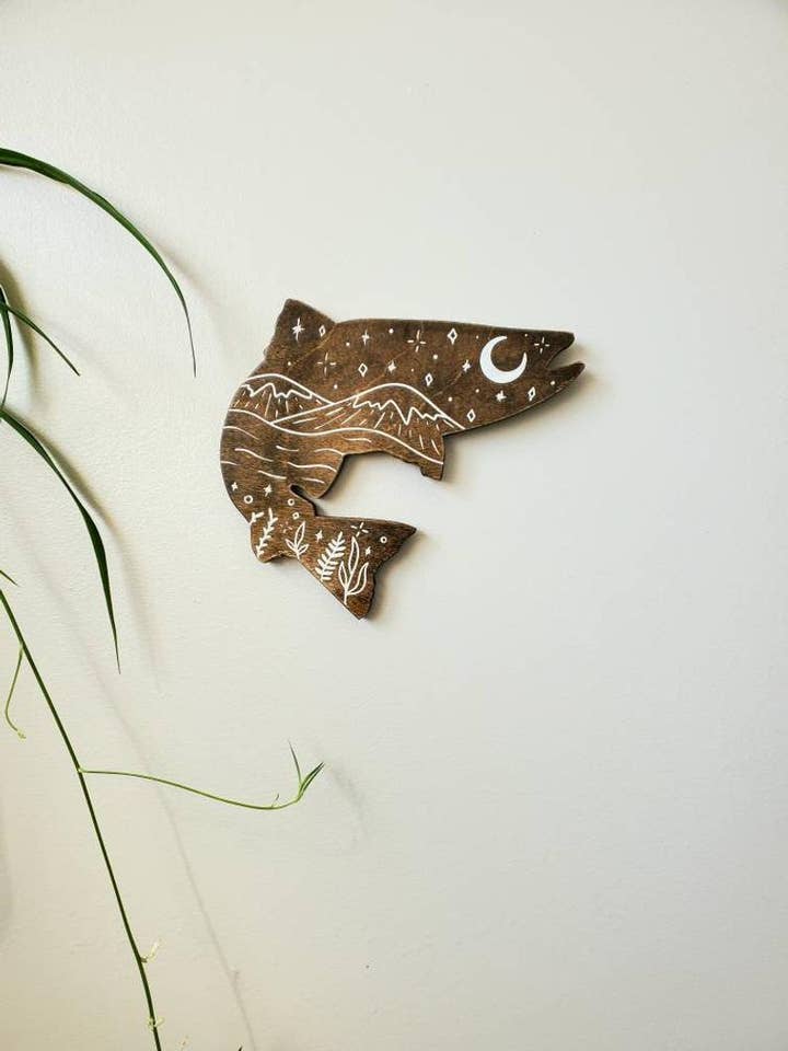 Fish wood wall art, lake house cabin fishing nursery decor for wholesale by Studio Wildflower