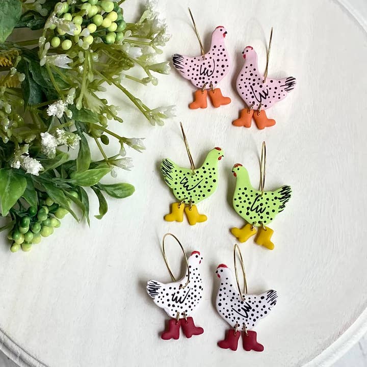 Clayhouse Colours - Wholesale Dangle Earrings - Chicken with Boots Hoops3