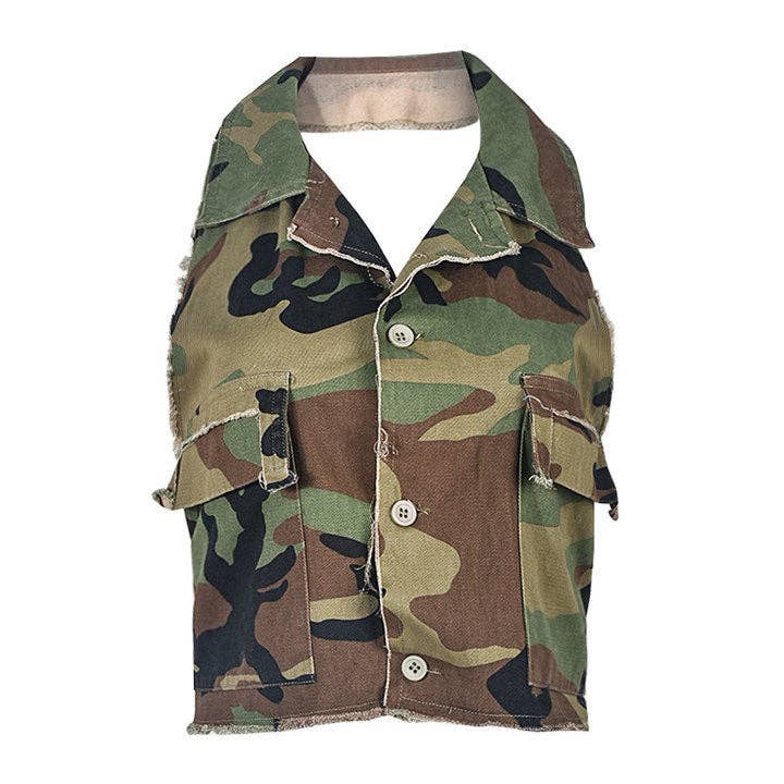 MB FASHION CAMO Cropped Sleeveless Vest with Tie Back 9185LY for wholesale on Faire6