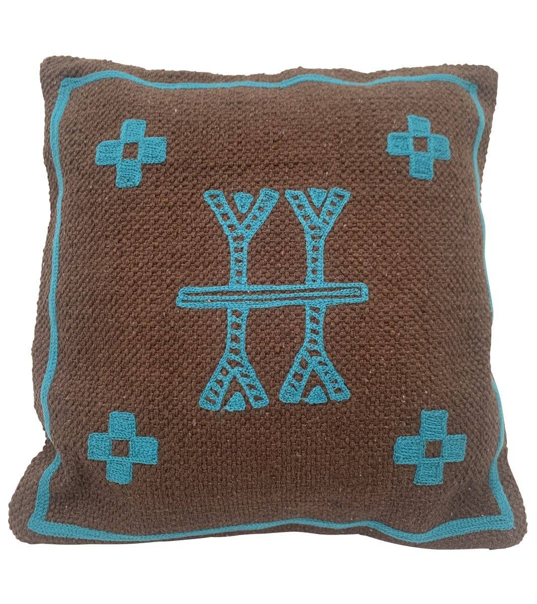 Status Collections - Wholesale Throw/decorative pillow - Kilim Brown Cotton Cushion with Turquoise Embroidery0
