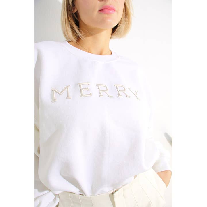 WHITE CHRISTMAS MERRY 3D EMBROIDERY SWEATSHIRT for wholesale on Faire