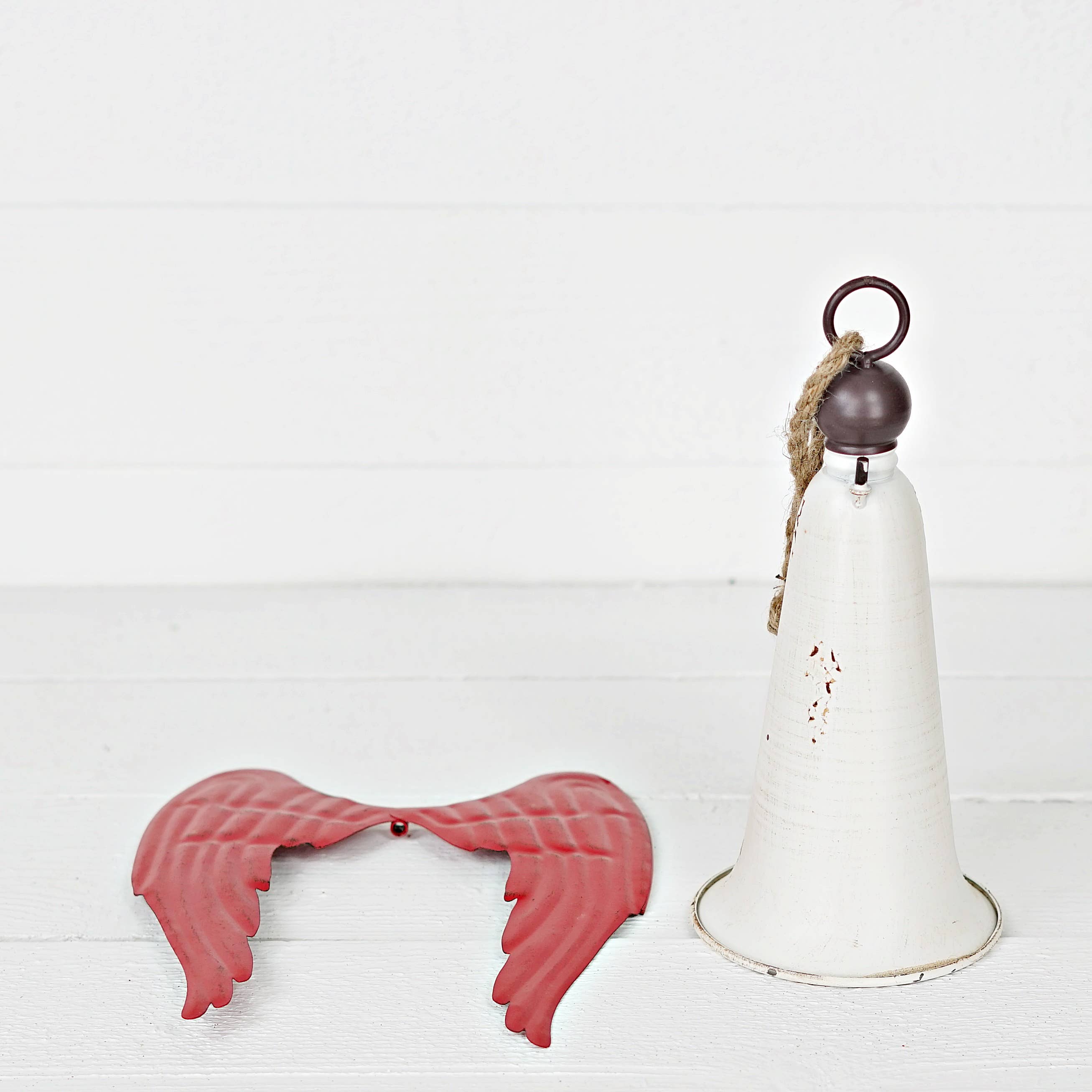 Impressive Enterprises, Inc. - Wholesale Christmas Decoration - M10825-Distressed Metal Angel Bell-WhiteBellw/RedWing-11"x9"2