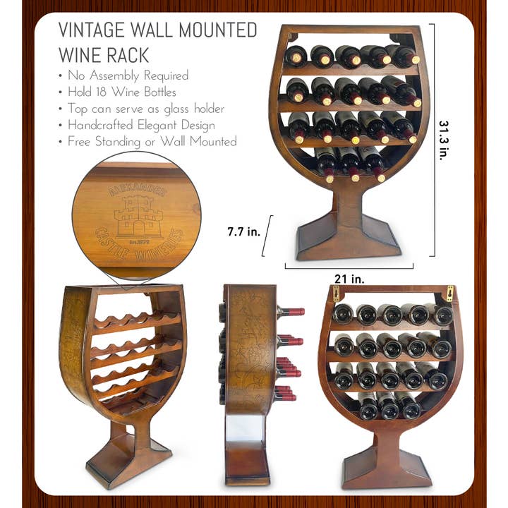 Cota Global – Großhandel Weinregal – Vintage Wandmontierter Weinregal in Glasform für 18 Flaschen