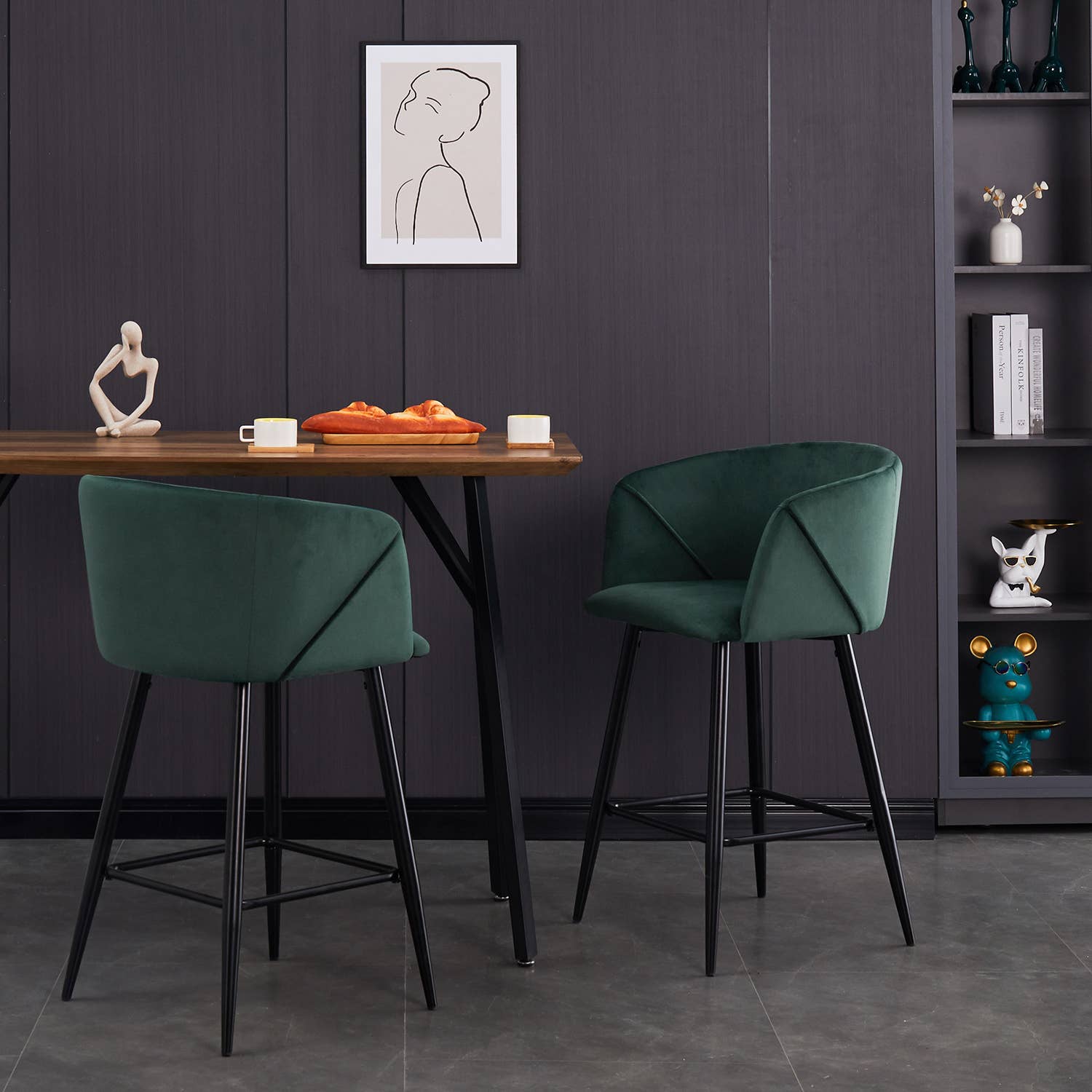 39F Inc. - Vente Tabouret - Tabouret de comptoir en velours ALDRIDGE 26" Chaise de bar Bleu/Gris2