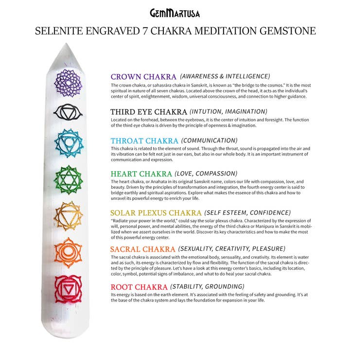 Bleistiftform aus weißem Selenit, 125 x 22 mm, graviert mit 7 Chakren für den Großhandel von GemMartUSA