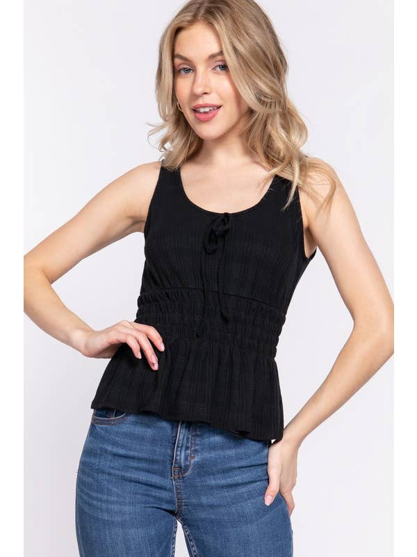 Active Basic | Active USA - Wholesale Knit Top - Women's - Sleeveless Scoop Neck Front Tie & Waist Smocking