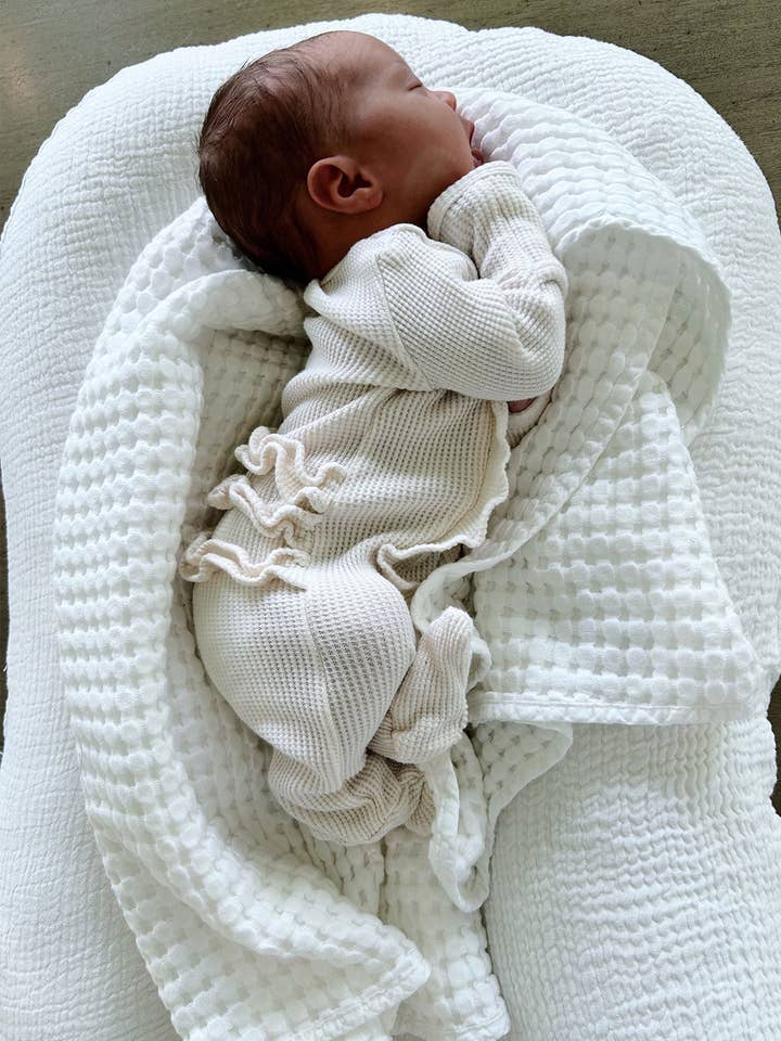 SpearmintLOVE - Wholesale Jumpsuit - Baby - Organic Waffle 2-Way Zip Ruffle Footie, Snow