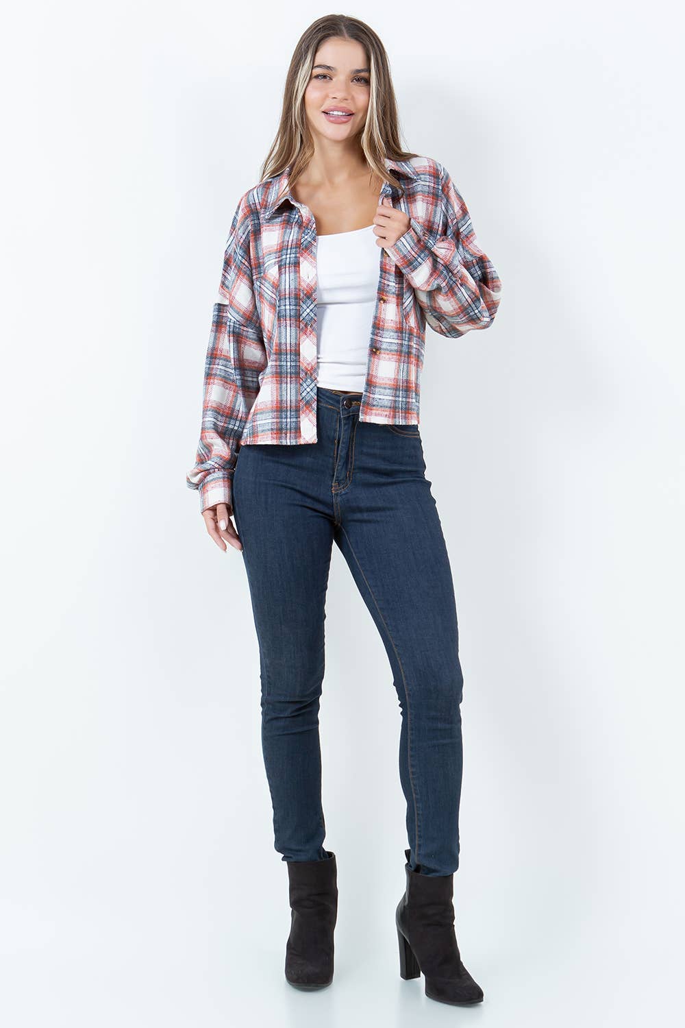 Veracci - Wholesale Button Down Shirt - Women's - Boxy Cropped Long Sleeve Plaid Over Shirt4
