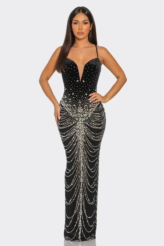 BANJUL - Wholesale Dress - Women's - BCCDS45036  Rhinestone Embellished Draped Chain-Like Dress1