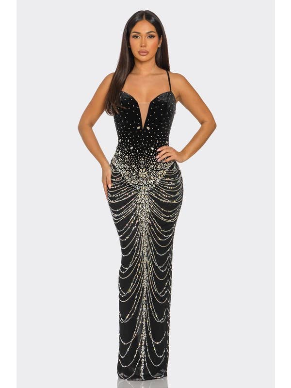 BANJUL - Wholesale Dress - Women's - BCCDS45036 Rhinestone Embellished Draped Chain-Like Dress1