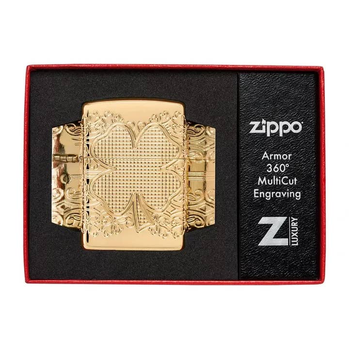 Deep Carved Lucky Clover Armor Lighter, Gold-Plated Finish for wholesale by Lighter King