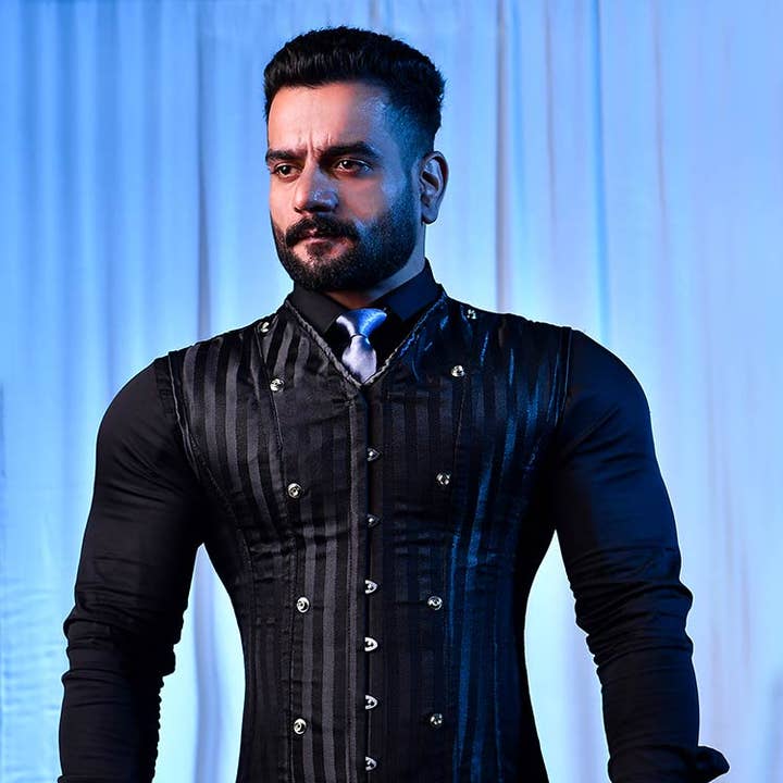 Men's Black Brocade Corset Vest – Gothic Fashion Wear for wholesale by Miss Leather