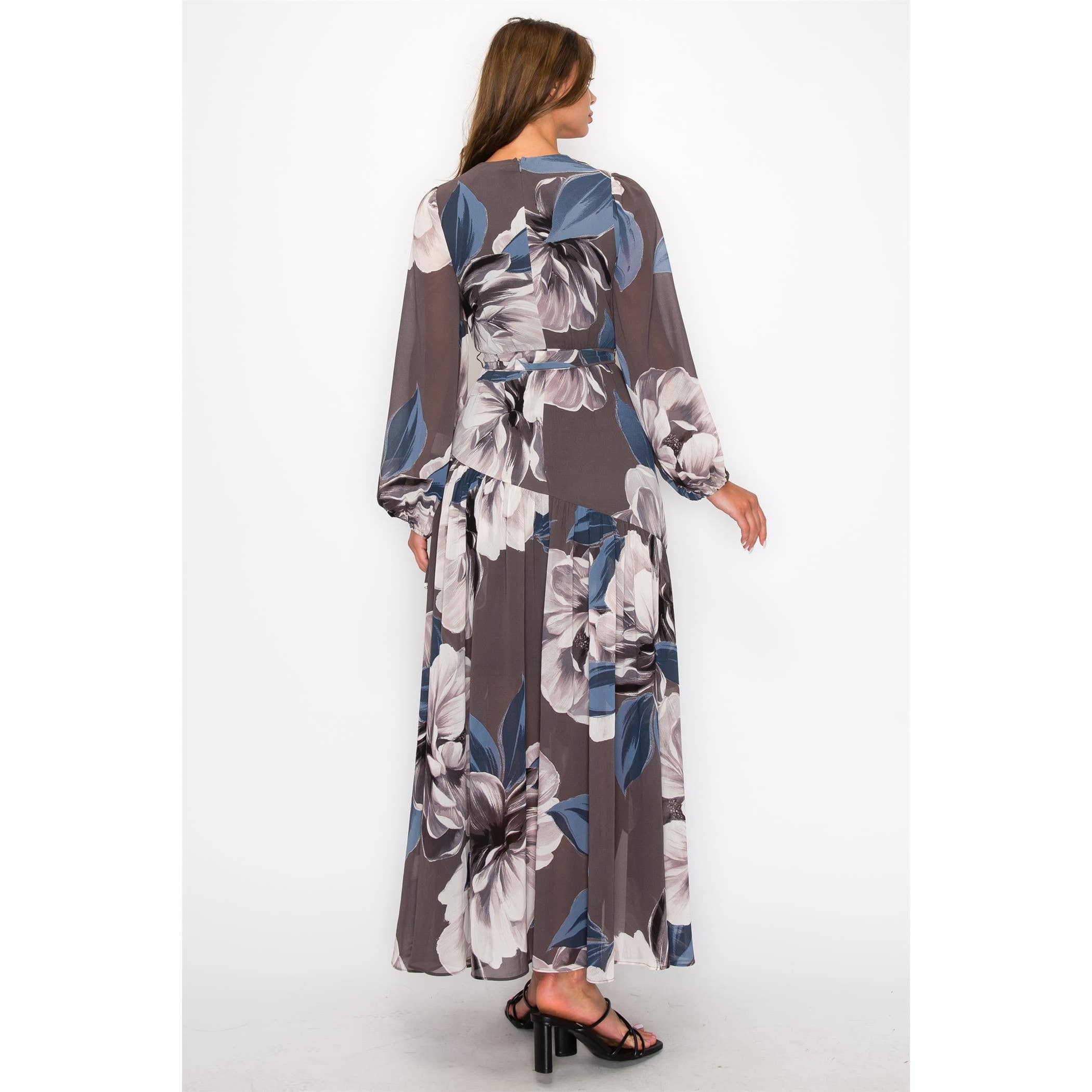 HYFVE - Wholesale Dress - Women's - CHIFFON FLORAL LONG SLEEVE WRAP V-NECK MAXI DRESS2