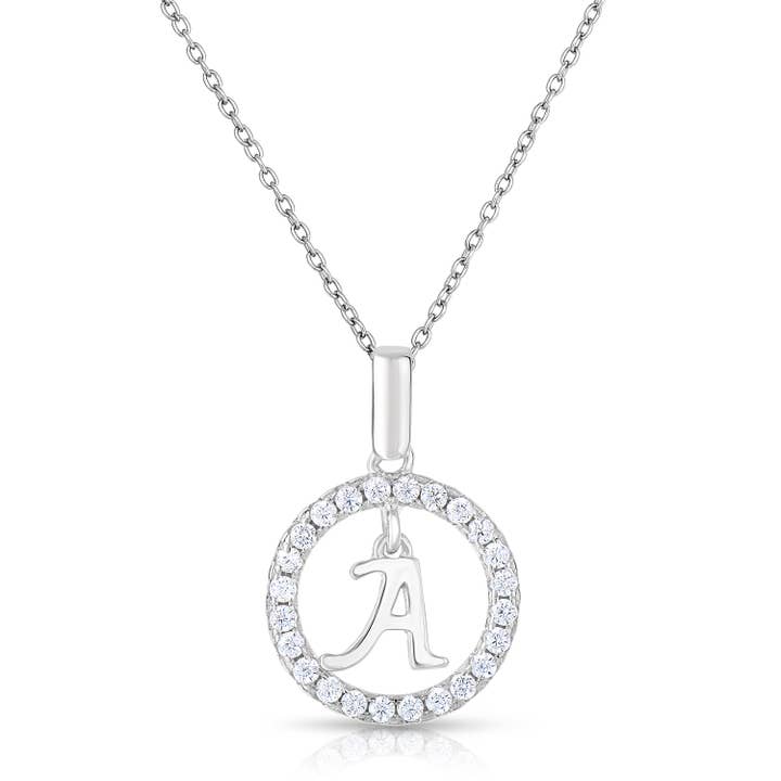 Solid Sterling Silver Halo Initial Pendant with CZ Stones for wholesale by NY Gold & Silver Trading Inc.