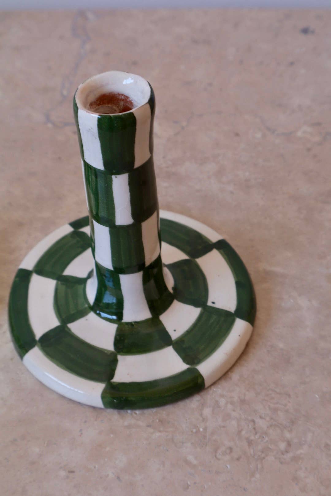 Néda - Wholesale Candle Holder - Handmade Green and White Checkered Ceramic Candle Holder1