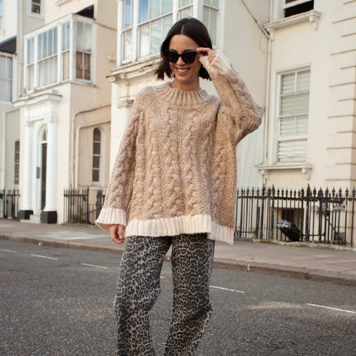 Cara & The Sky - Wholesale Knit Sweater - Women's - Jennie Cable High Neck Balloon Sleeve Jumper - Beige12