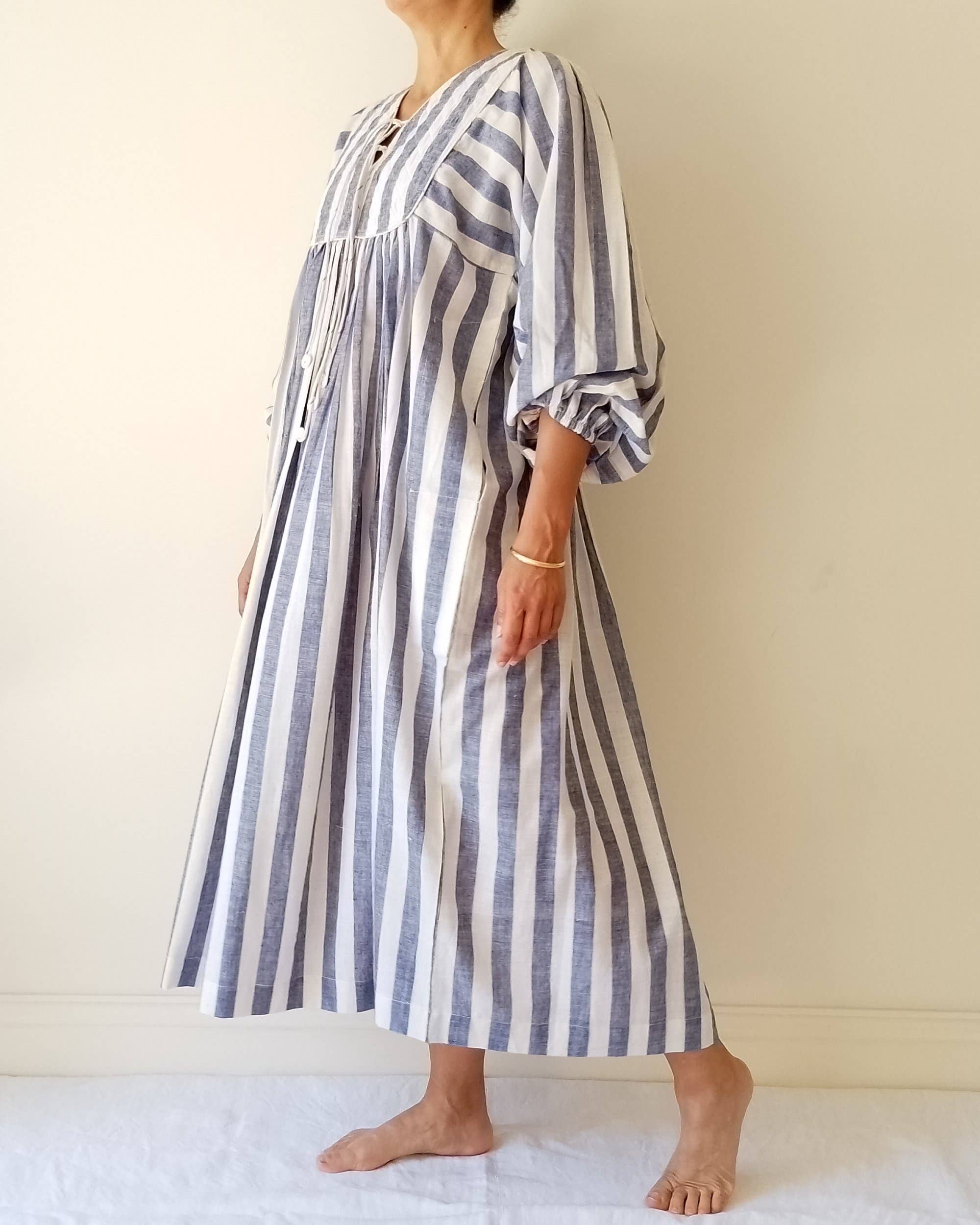Cotton Conscious – wholesale Dress – Women's – Organic Cotton Quilted Maxi Dress – Blue Striped, Pockets, 1