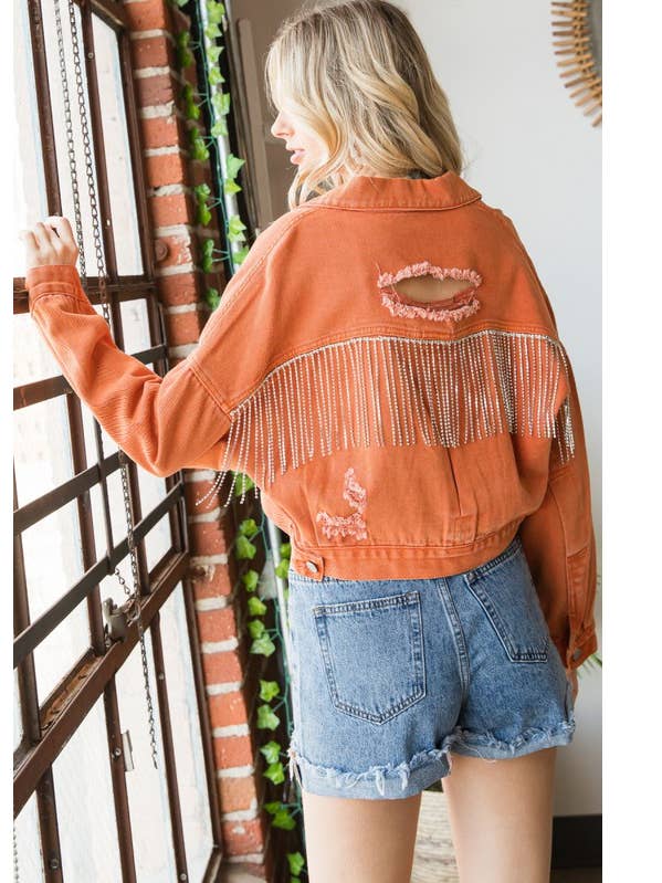 Frayed back Silver Fringe Distressed Denim Jacket for wholesale by MintChoco