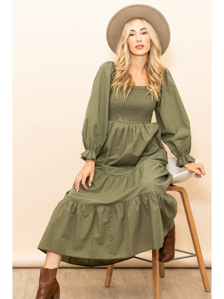 Elloh Collection - Wholesale Dress - Women's - Long Sleeve Smocked Chest Flattering Maxi Dress