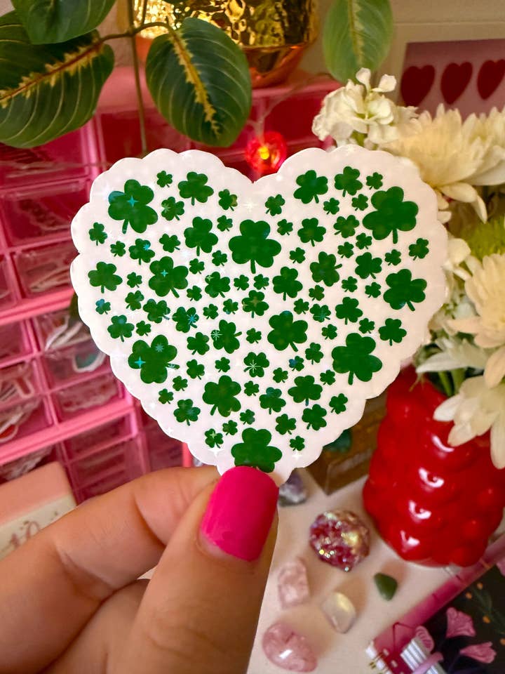 St Patrick's day clover heart sticker (holographic) for wholesale by Party Like A King