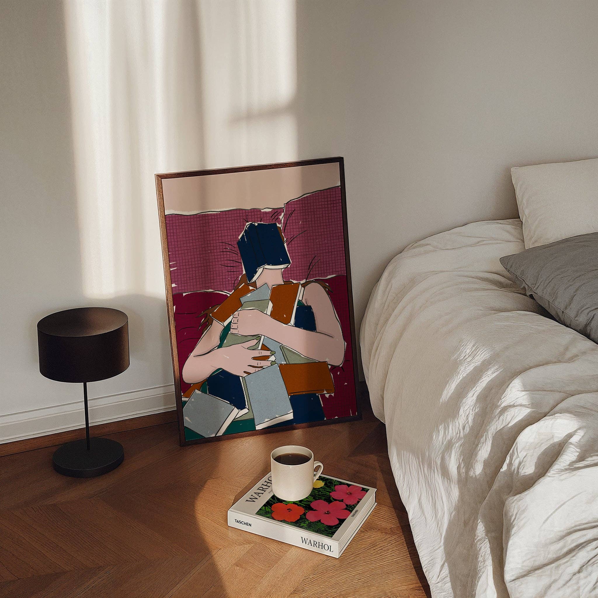 Pink Giraffe Print Co - Wholesale Art Print - Girl laying in bed covered in books print1