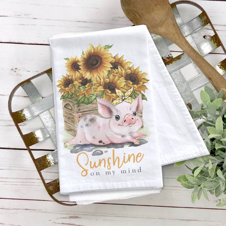 Torchon plat de tournesols avec adorable cochon, torchon d'été pour décoration de ferme, torchons mignons et drôles, serviette cadeau de pendaison de créma pour la vente par ZA Handmade Wholesale