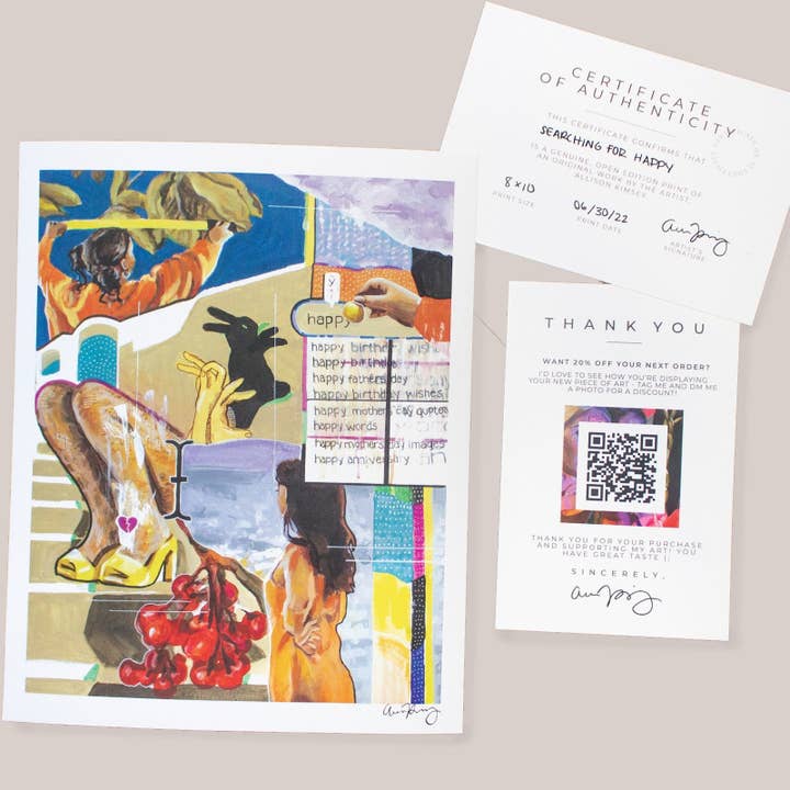 Searching for Happy Print - Décoration murale orange sarcelle audacieuse pour la vente par Kimsey Art