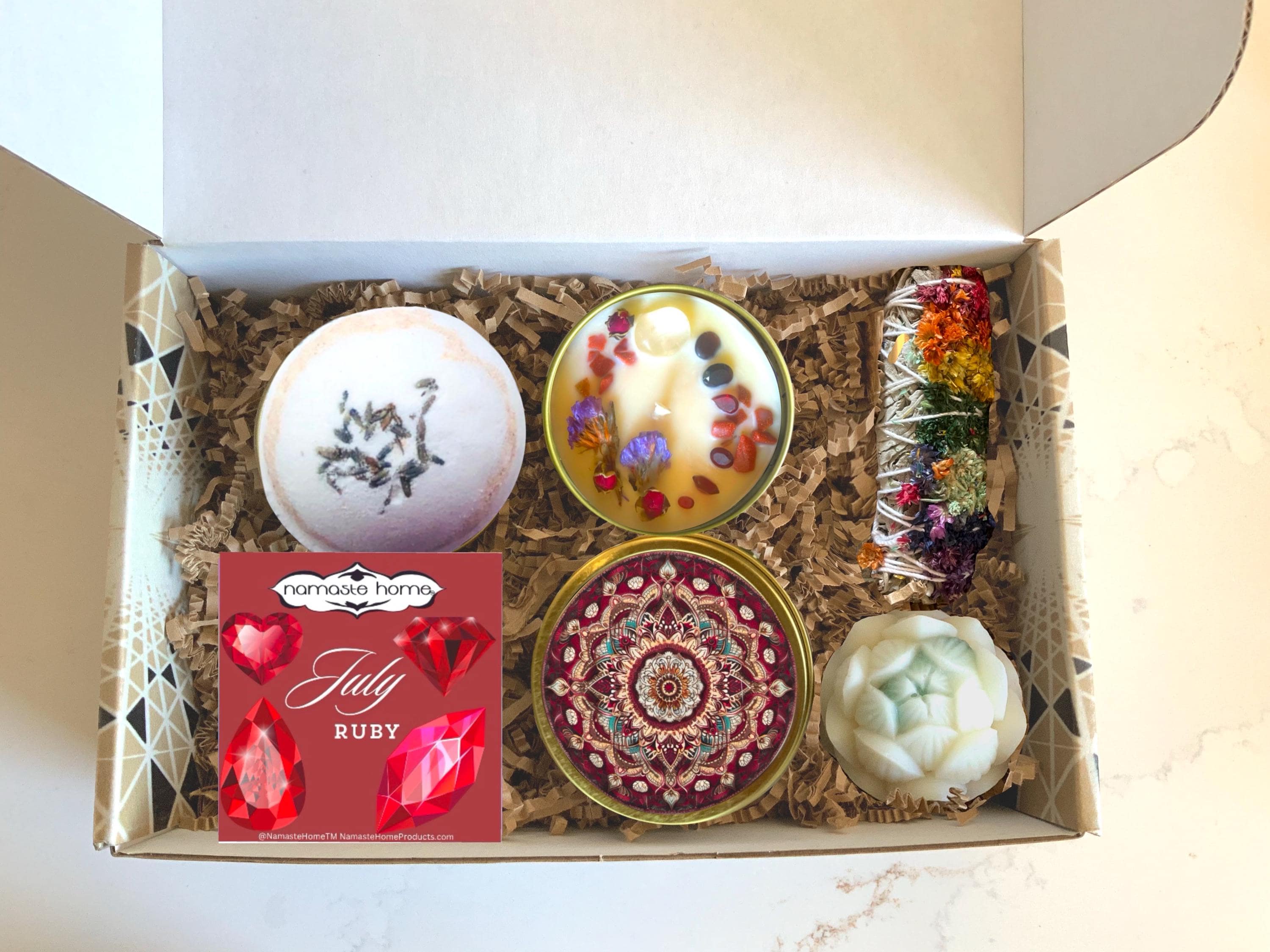 Namaste Home - Wholesale Bath & Body Set - July Birthstone Spa Set, Pampering Gift Set, Gift for Mom, Daughter, Ruby Birthstone, Sage Smudge, Candle, Soap, Bath Bo0