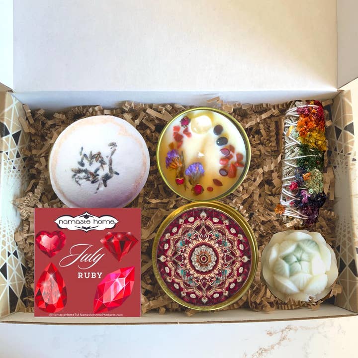 Namaste Home - Wholesale Bath & Body Set - July Birthstone Spa Set, Pampering Gift Set, Gift for Mom, Daughter, Ruby Birthstone, Sage Smudge, Candle, Soap, Bath Bo0