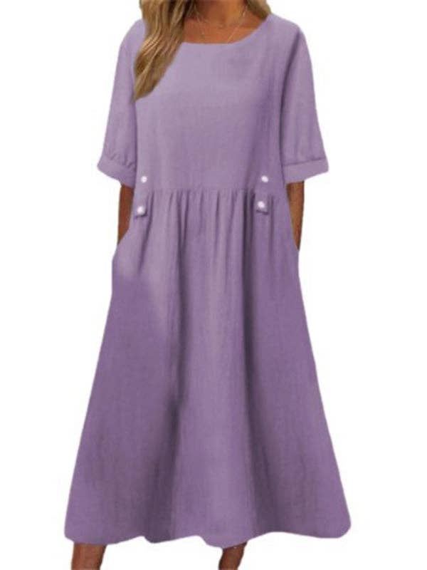 FurDecoration – Vestido - Mulher por atacado – Vestido Midi de gola redonda com botões soltos com corte em A e bolsos plissados2