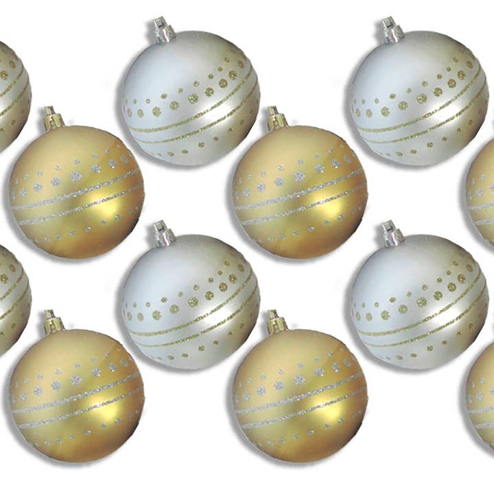 Winterland Inc. - Wholesale Ornament Set - 12 Pack of Matte Silver and Gold Ball Ornaments with Silver and Gold Glitter Designs0