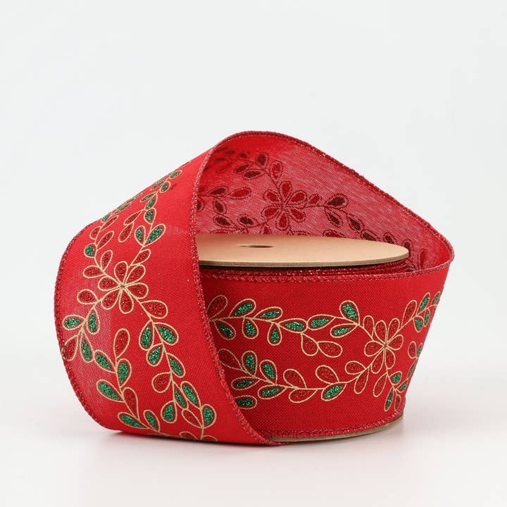 LA Ribbons Wholesale - Wholesale Ribbon - Gift Wrapping - 2 1/2" Wired Ribbon | Red/Green Glitter Printed Floral