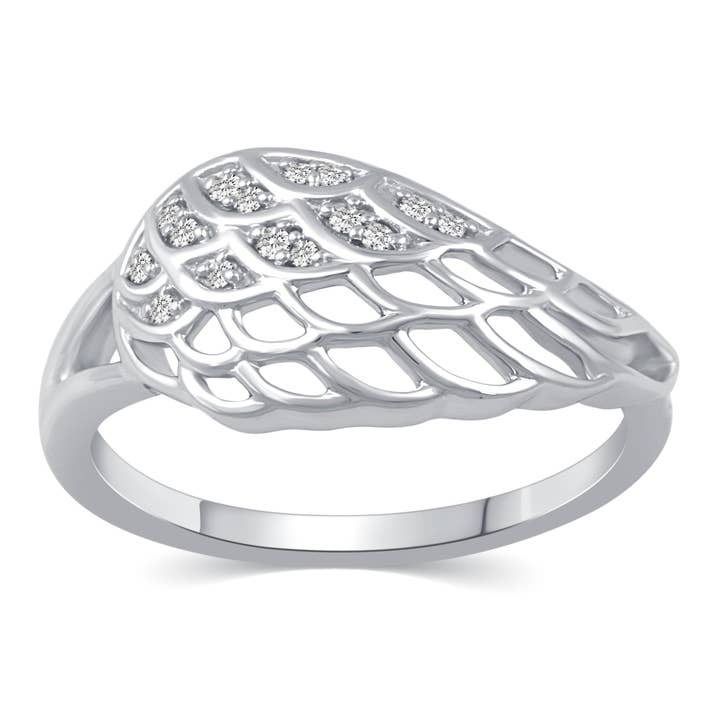 Open Angel Wing Feather Pave Ring in 925 Sterling Silver for wholesale by Prime and Pure