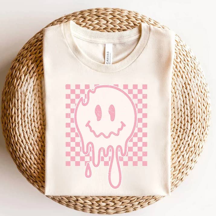Checkered Smiley T-shirt for wholesale by Pink Flamingo Boutique