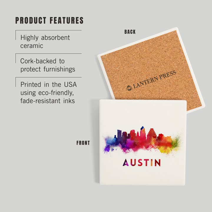 Lantern Press - Wholesale Coasters - CERAMIC COASTER Austin, Texas, Skyline Abstract