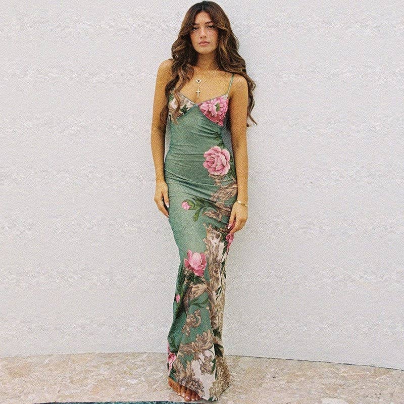 UZ Wholesale Store – wholesale Dress – Women's – Elegant Bodycon Floral Print Strappy Maxi Dress9