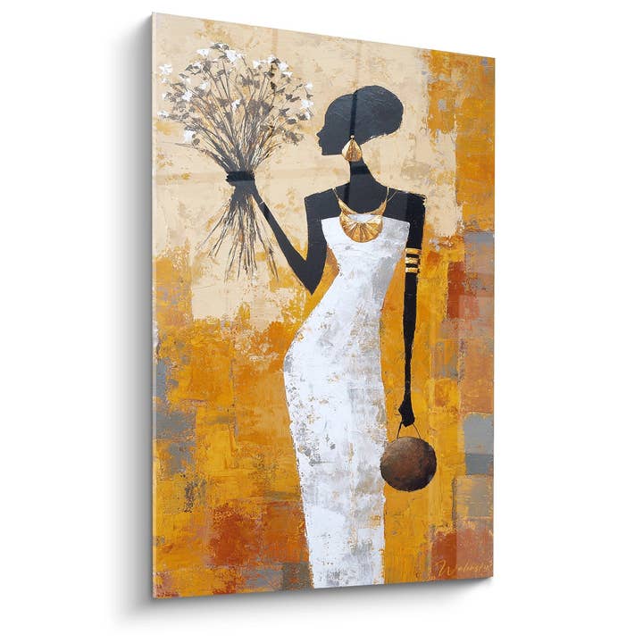 African Woman with Flowers Painting - Golden Elegance - African Culture Edition for wholesale by Walensky