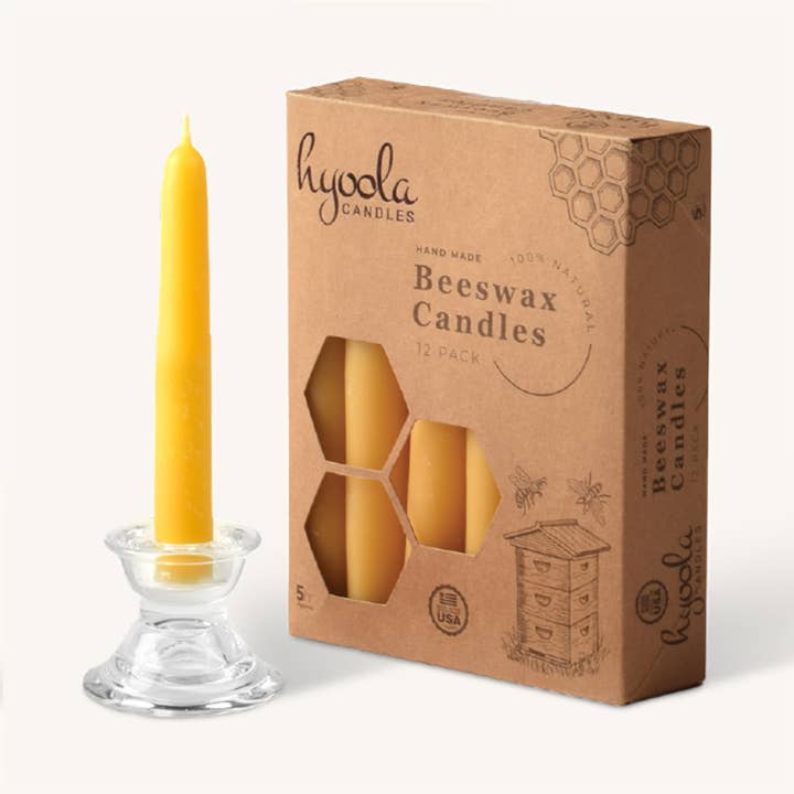 Hyoola Candles - Wholesale Tapered Candle/Candlestick - Yellow Beeswax Candles- 5 Hours - 12 Pack