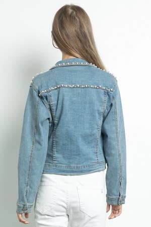 Denim Veste en denim stretch à boutons ornée de perles et strass IJ2129 en vente sur Faire5