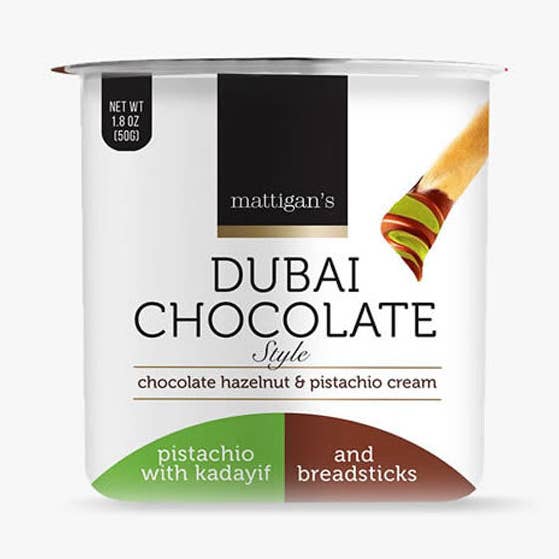 Mattigan's Dubai Chocolate Style Breadstick Dipper Cup (50g) Chocolate Hazelnut & Pistachio Cream w/ Kataifi for wholesale by Showcase