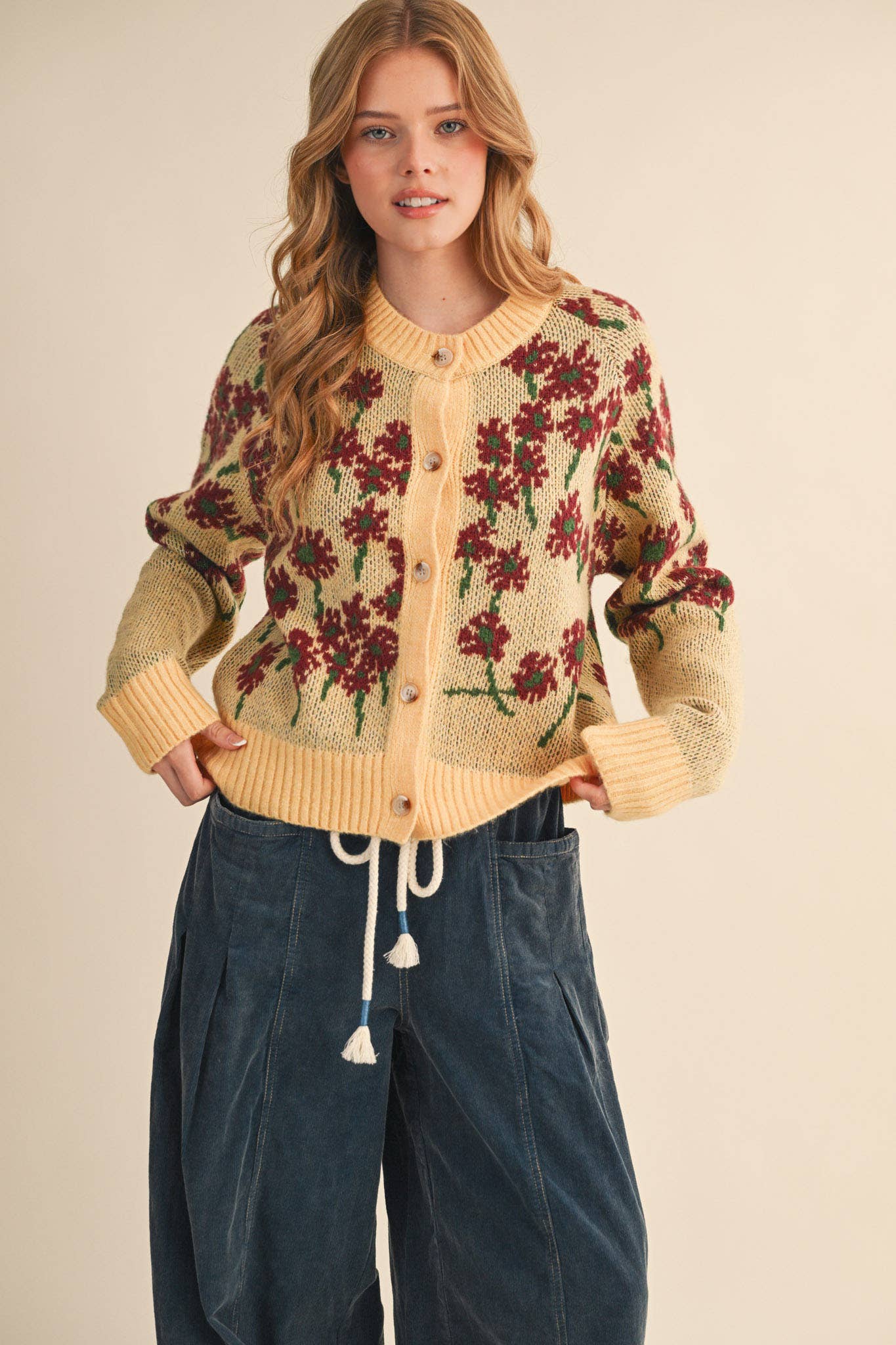&MERCI - Wholesale Cardigan - Women's - FLORAL KNIT BUTTON DOWN SWEATER CARDIGAN MSW1123814