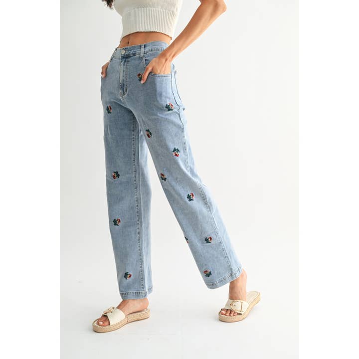 MEDIUM WASH EXQUISITE EMBROIDERED DENIM JEANS for wholesale on Faire